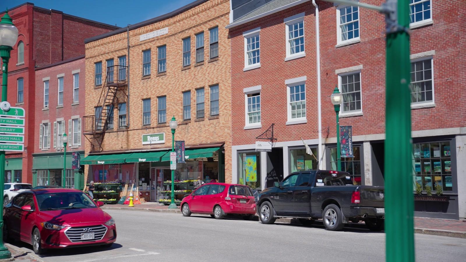 Brick buildings and storefronts on Water Street in Gardiner, Maine