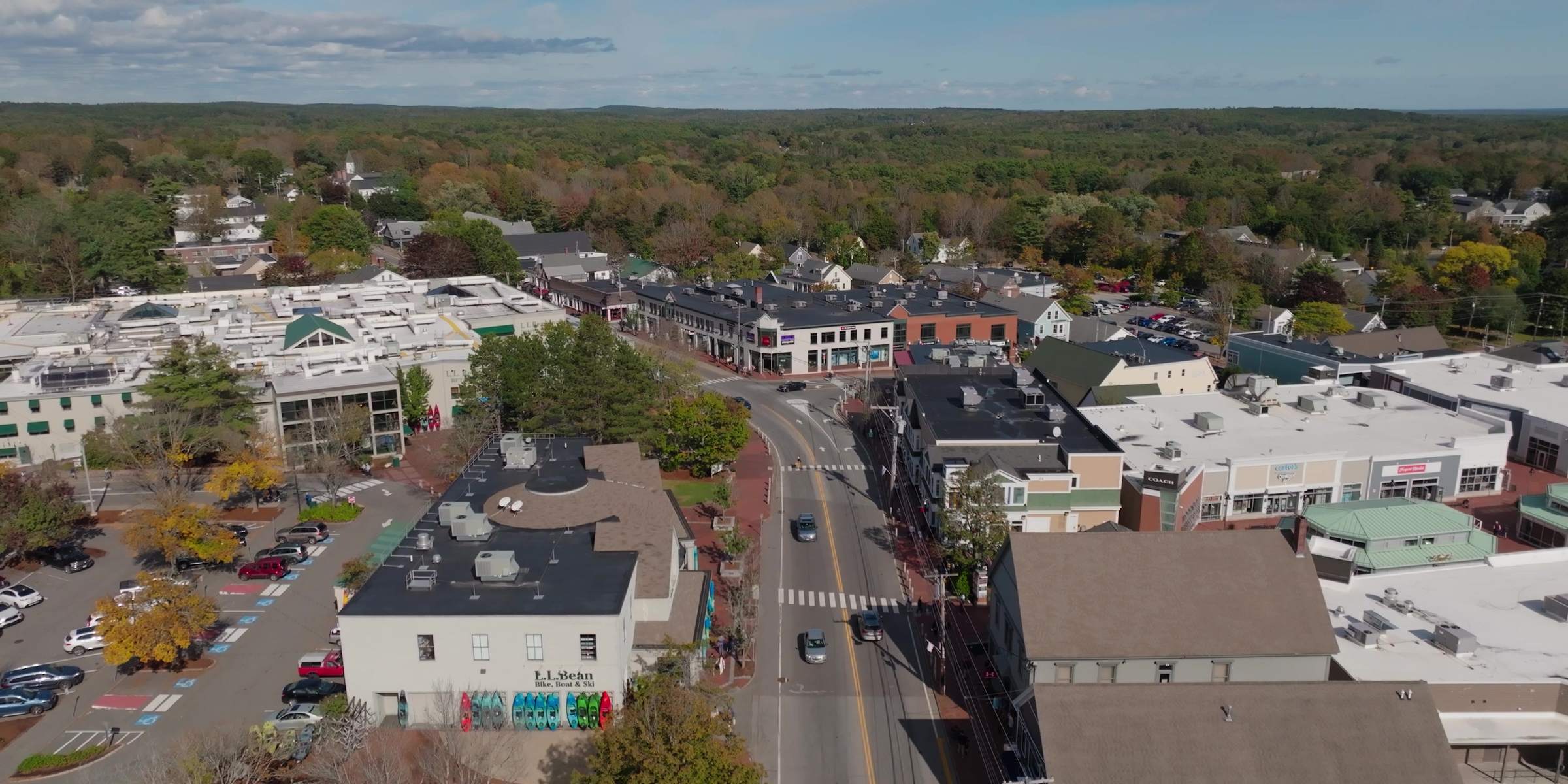 Aerial view of Main Street in Freeport, Maine, in autumn