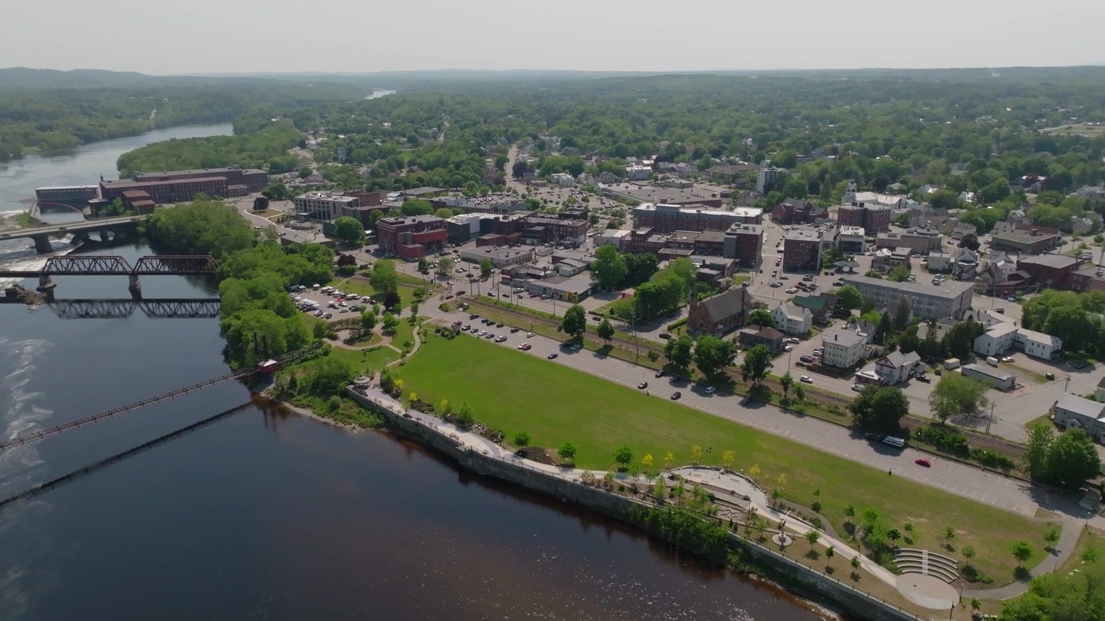 Aerial view of downtown Waterville, Maine, with the Kennebec River and riverfront park