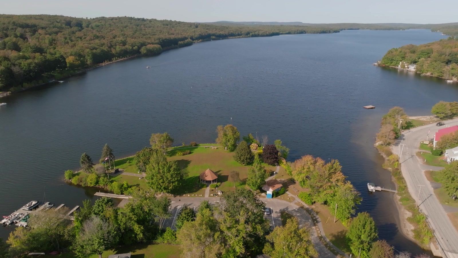 Aerial view of a lake and the village shoreline in Winthrop, Maine